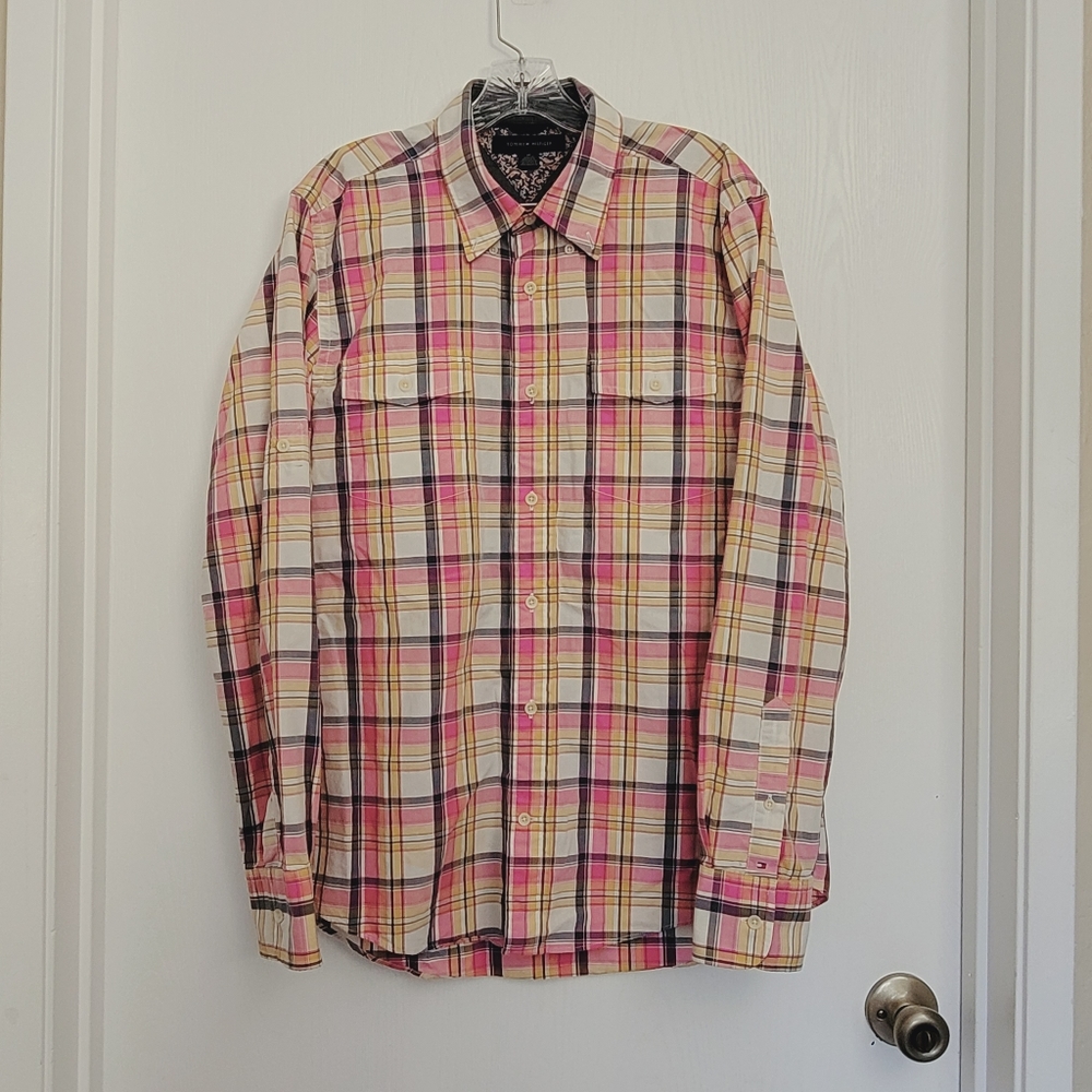 Tommy Hilfiger Button Up Shirt Mens sz M Pink Blue Yellow Slim Fit Plaid Pockets